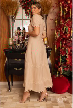 VESTIDO EVASÊ MIDI EM LINHO PURO BEGE - LUZIA FAZZOLLI