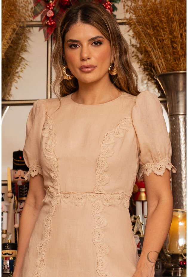 VESTIDO EVASÊ MIDI EM LINHO PURO BEGE - LUZIA FAZZOLLI