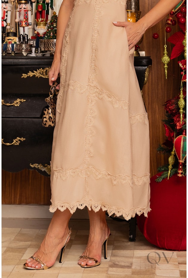 VESTIDO EVASÊ MIDI EM LINHO PURO BEGE - LUZIA FAZZOLLI