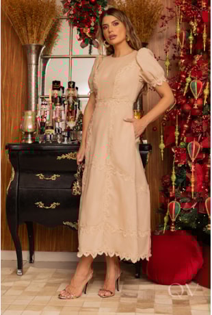 VESTIDO EVASÊ MIDI EM LINHO PURO BEGE - LUZIA FAZZOLLI