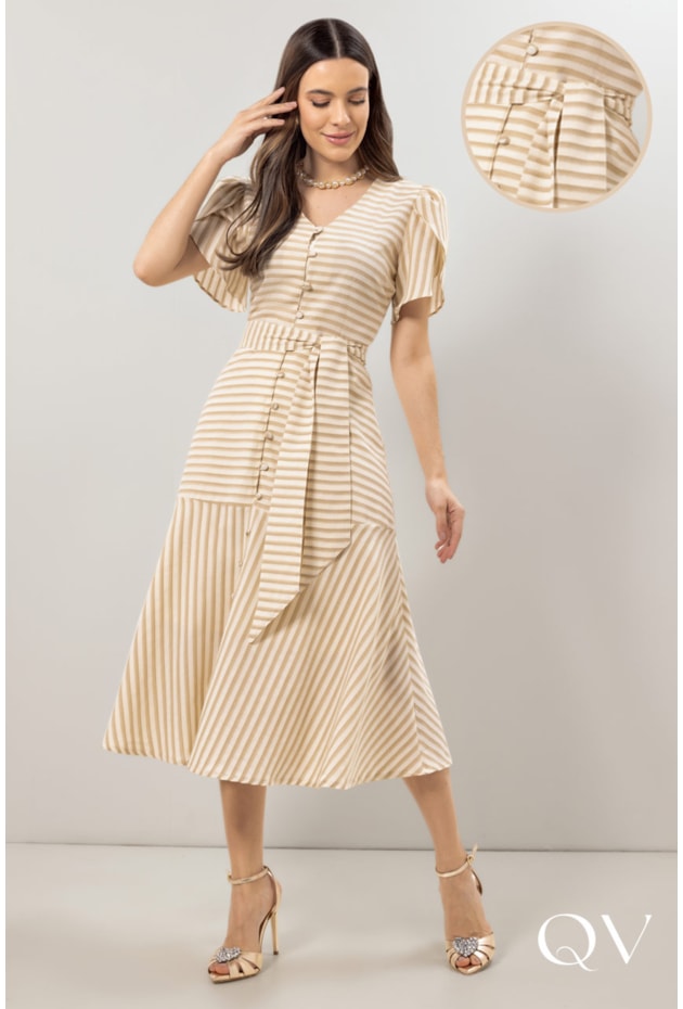 VESTIDO EVASÊ PLANO LISTRADO DOURADO - LAURA ROSA VESTIDO EVASÊ PLANO LISTRADO DOURADO - LAURA ROSA