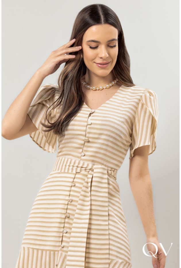 VESTIDO EVASÊ PLANO LISTRADO DOURADO - LAURA ROSA VESTIDO EVASÊ PLANO LISTRADO DOURADO - LAURA ROSA