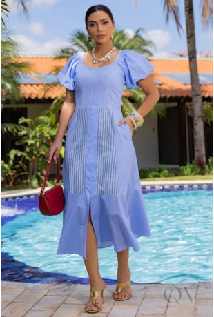 VESTIDO FIO TINTO EM TRICOLINE LISTRADO AZUL - LUZIA FAZZOLLI