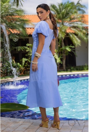 VESTIDO FIO TINTO EM TRICOLINE LISTRADO AZUL - LUZIA FAZZOLLI