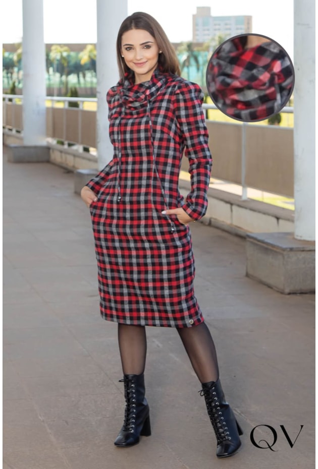 Vestido Midi Vestido Xadrez Vermelho Manga Longa Vestido Midi