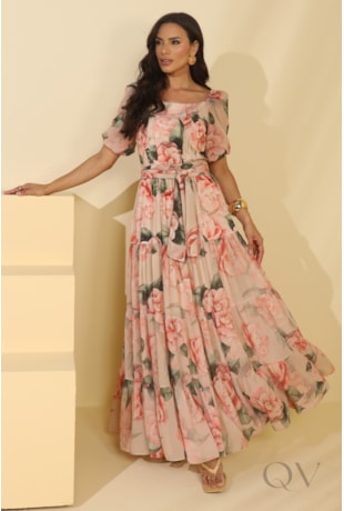 VESTIDO FLORAL EM MUSSELINE COM TOQUE DE SEDA ESTAMPADO - JANY PIM