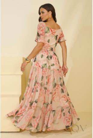 VESTIDO FLORAL EM MUSSELINE COM TOQUE DE SEDA ESTAMPADO - JANY PIM