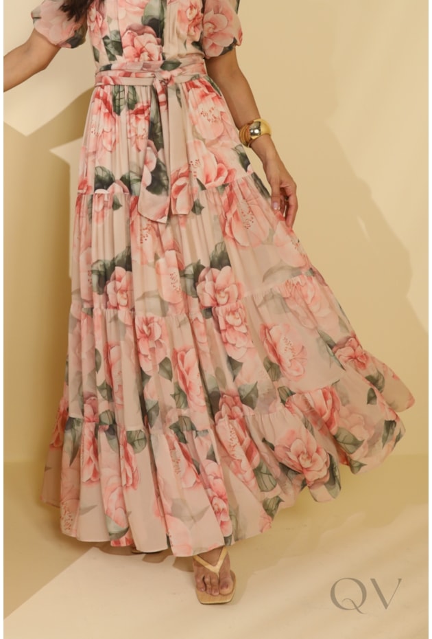 VESTIDO FLORAL EM MUSSELINE COM TOQUE DE SEDA ESTAMPADO - JANY PIM