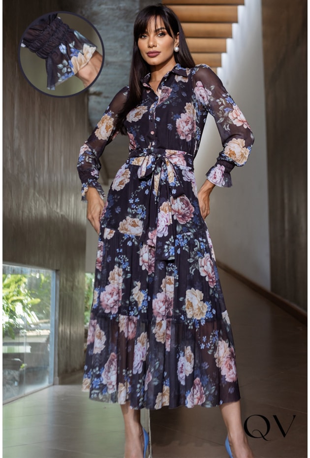 VESTIDO FLORAL EVASÊ EM TULE PRETO - JANY PIM VESTIDO FLORAL EVASÊ EM TULE PRETO - JANY PIM