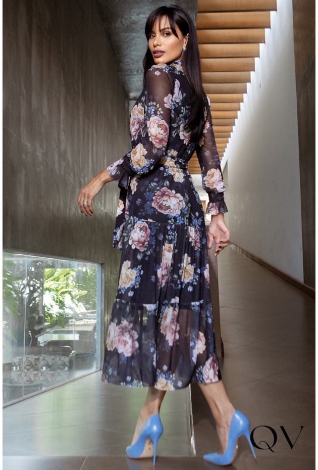VESTIDO FLORAL EVASÊ EM TULE PRETO - JANY PIM VESTIDO FLORAL EVASÊ EM TULE PRETO - JANY PIM