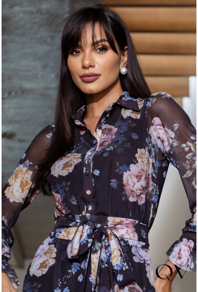 VESTIDO FLORAL EVASÊ EM TULE PRETO - JANY PIM VESTIDO FLORAL EVASÊ EM TULE PRETO - JANY PIM