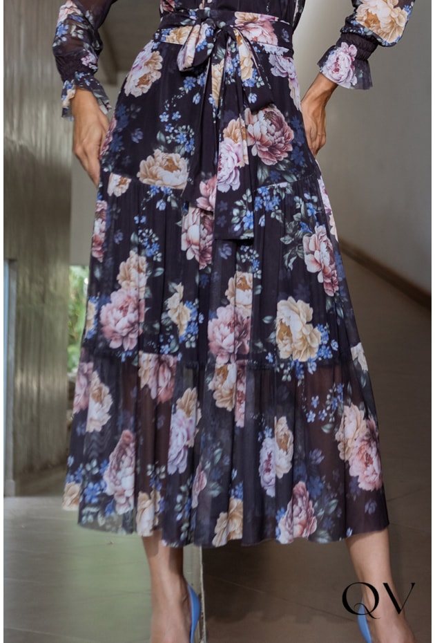 VESTIDO FLORAL EVASÊ EM TULE PRETO - JANY PIM