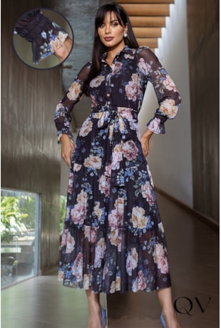 VESTIDO FLORAL EVASÊ EM TULE PRETO - JANY PIM