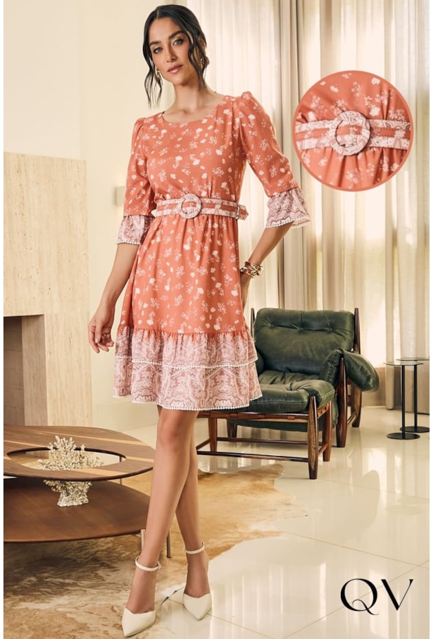 VESTIDO FLORAL MIX DE ESTAMPAS CORAL - JANY PIM