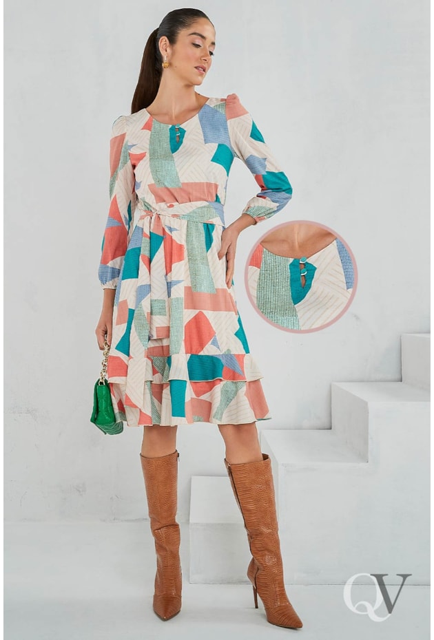 VESTIDO GEOMETRIC BABADOS BEGE -  JANY PIM VESTIDO GEOMETRIC BABADOS BEGE -  JANY PIM