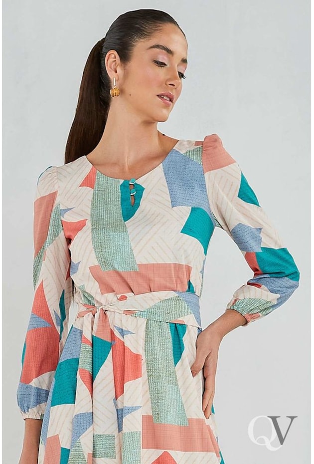 VESTIDO GEOMETRIC BABADOS BEGE -  JANY PIM VESTIDO GEOMETRIC BABADOS BEGE -  JANY PIM