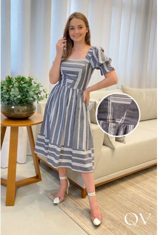 VESTIDO GODÊ COM DECOTE QUADRADO LISTRADO CINZA - VALENTINA SIRRAH