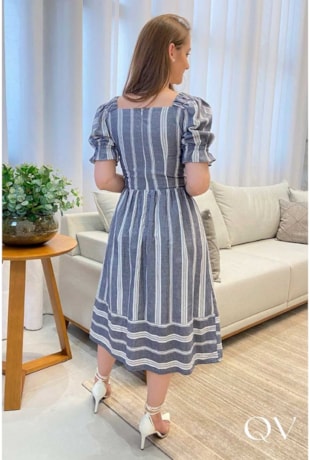 VESTIDO GODÊ COM DECOTE QUADRADO LISTRADO CINZA - VALENTINA SIRRAH