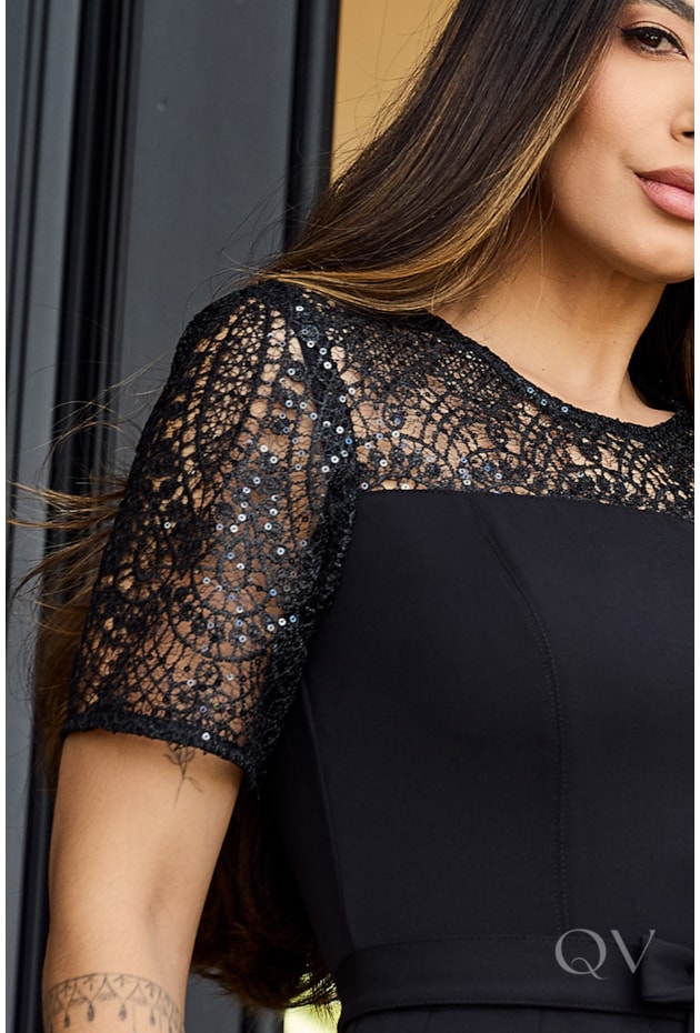 VESTIDO GODÊ COM FAIXA EM ALFAIATARIA PRETO - LUZIA FAZZOLLI