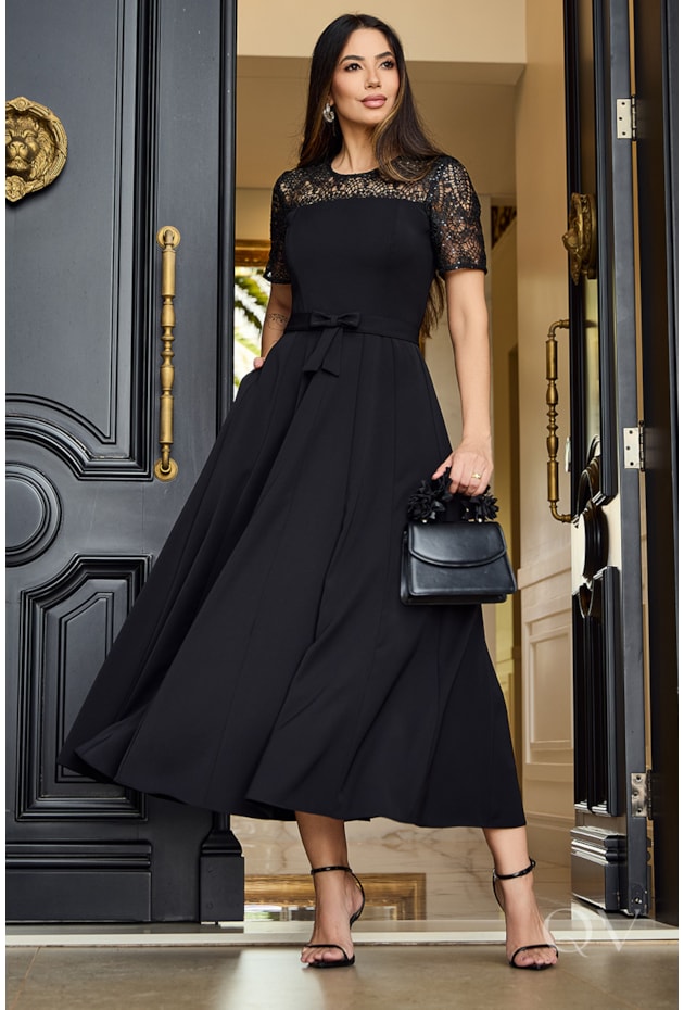 VESTIDO GODÊ COM FAIXA EM ALFAIATARIA PRETO - LUZIA FAZZOLLI