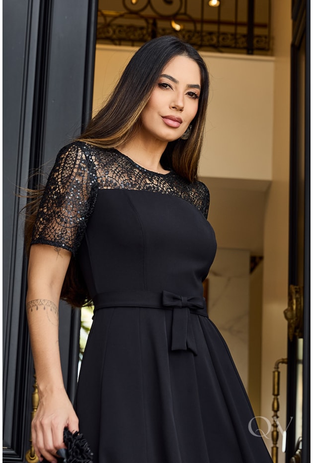 VESTIDO GODÊ COM FAIXA EM ALFAIATARIA PRETO - LUZIA FAZZOLLI