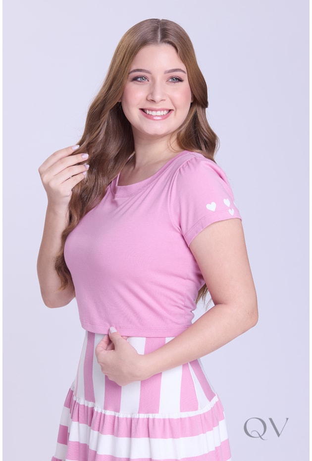 VESTIDO GODÊ COM LISTRAS EM MALHA DE ALGODÃO ROSA - HAPUK