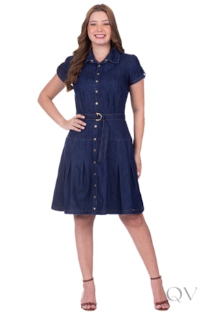 VESTIDO GODÊ CURTO COM FAIXA EM JEANS LEVE ESCURO - HAPUK