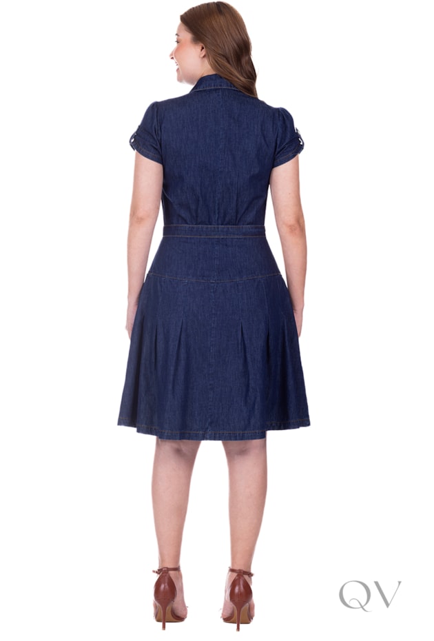 VESTIDO GODÊ CURTO COM FAIXA EM JEANS LEVE ESCURO - HAPUK