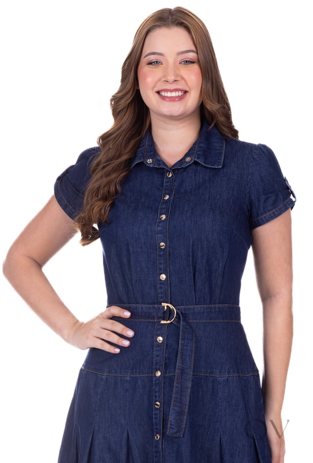 VESTIDO GODÊ CURTO COM FAIXA EM JEANS LEVE ESCURO - HAPUK