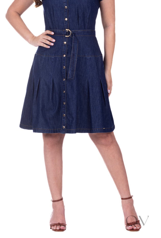 VESTIDO GODÊ CURTO COM FAIXA EM JEANS LEVE ESCURO - HAPUK