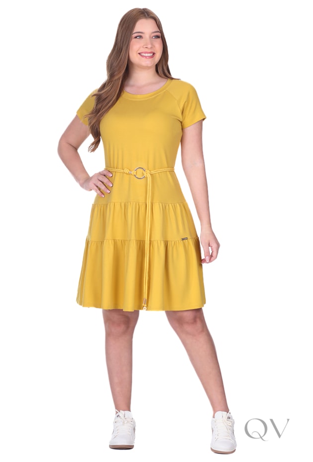 VESTIDO GODÊ CURTO EM MOLETINHO DE VISCOSE COM ELASTANO AMARELO - HAPUK