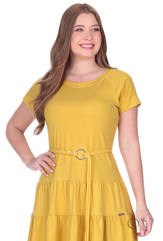 VESTIDO GODÊ CURTO EM MOLETINHO DE VISCOSE COM ELASTANO AMARELO - HAPUK