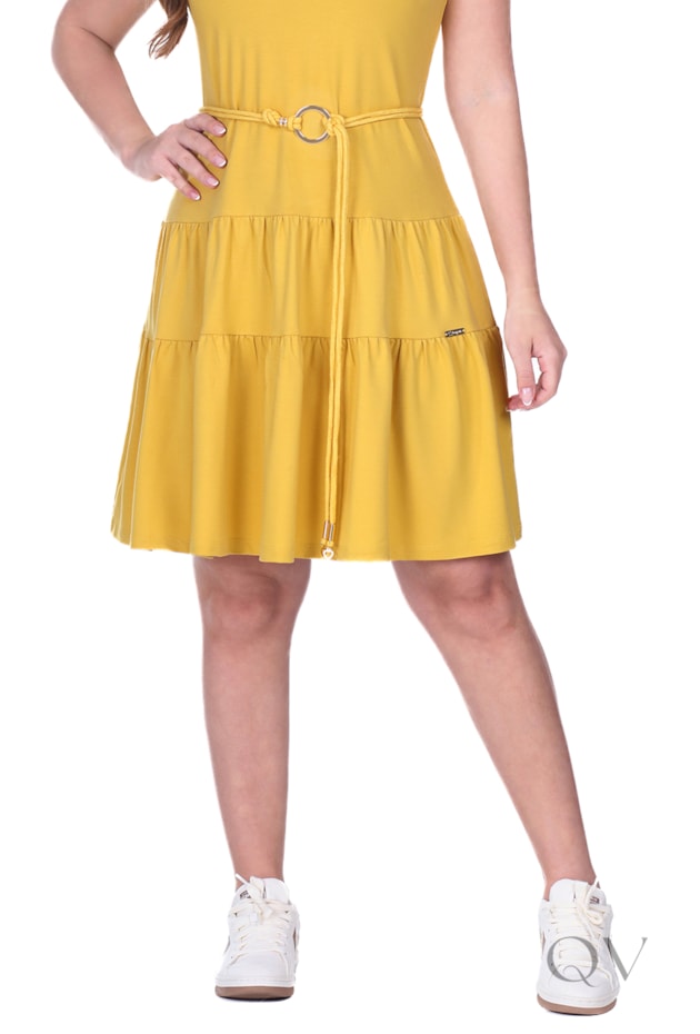 VESTIDO GODÊ CURTO EM MOLETINHO DE VISCOSE COM ELASTANO AMARELO - HAPUK