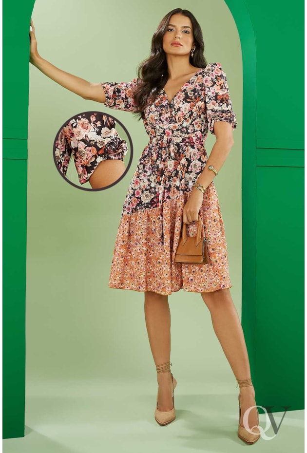 VESTIDO GODÊ DECOTE TRANSPASSADO ESTAMPADO - JANY PIM VESTIDO GODÊ DECOTE TRANSPASSADO ESTAMPADO - JANY PIM