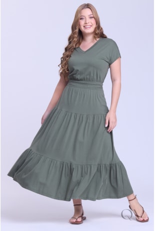 VESTIDO GODÊ EM CAMADAS EM MALHA VERDE MILITAR - HAPUK