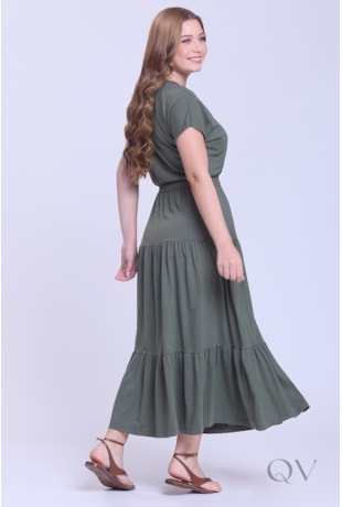 VESTIDO GODÊ EM CAMADAS EM MALHA VERDE MILITAR - HAPUK