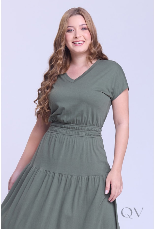 VESTIDO GODÊ EM CAMADAS EM MALHA VERDE MILITAR - HAPUK