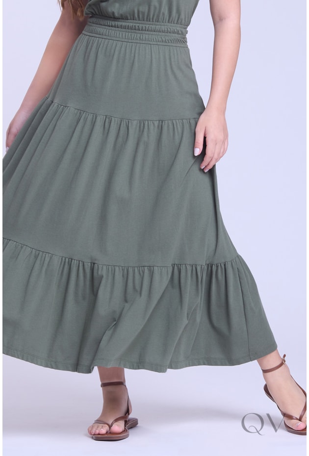 VESTIDO GODÊ EM CAMADAS EM MALHA VERDE MILITAR - HAPUK