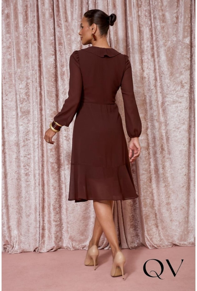 VESTIDO GODÊ EM CHIFFON COM TOQUE DE SEDA MARROM - JANY PIM