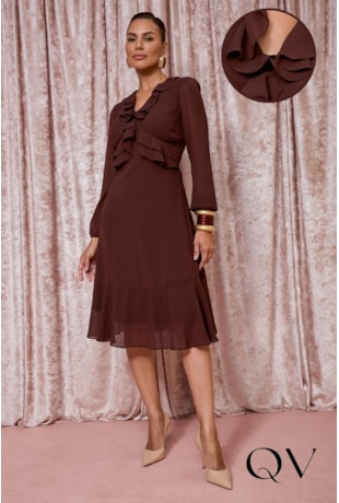 VESTIDO GODÊ EM CHIFFON COM TOQUE DE SEDA MARROM - JANY PIM
