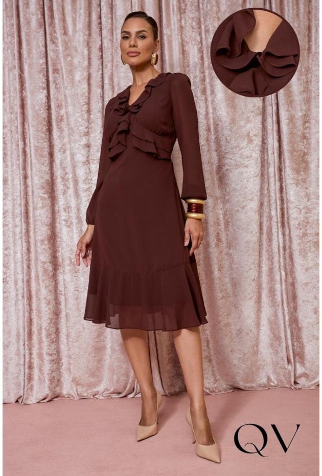 VESTIDO GODÊ EM CHIFFON COM TOQUE DE SEDA MARROM - JANY PIM