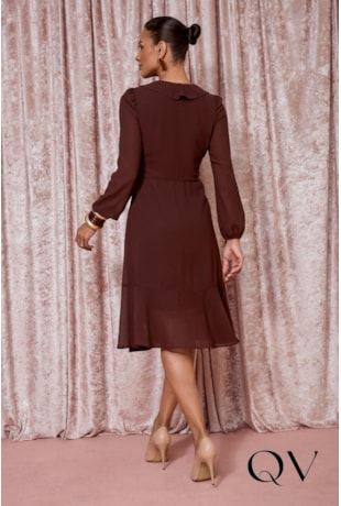 VESTIDO GODÊ EM CHIFFON COM TOQUE DE SEDA MARROM - JANY PIM