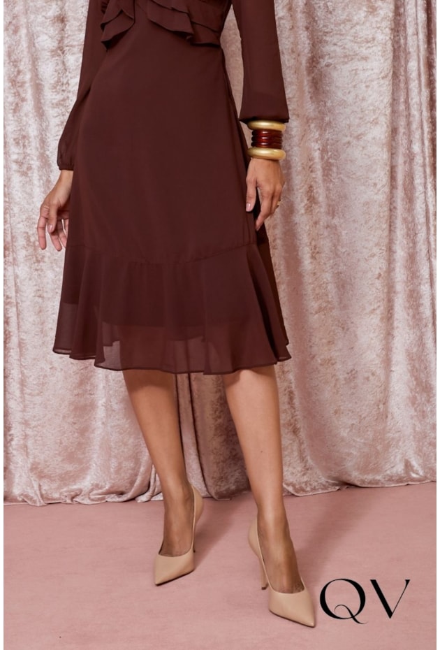 VESTIDO GODÊ EM CHIFFON COM TOQUE DE SEDA MARROM - JANY PIM