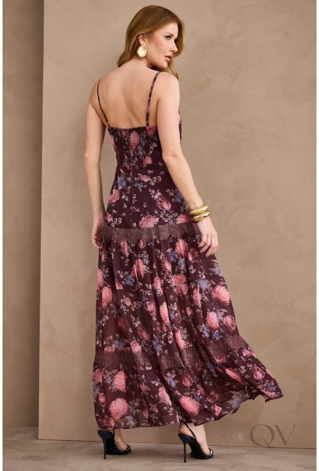 VESTIDO GODÊ EM CHIFFON MARSALA FLORAL - ARTSY
