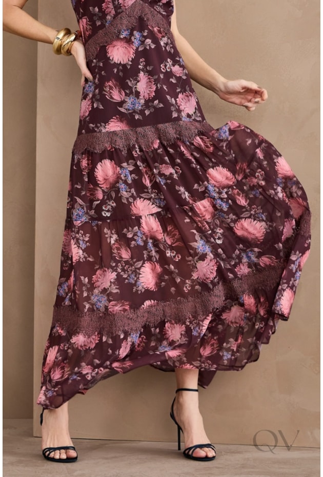 VESTIDO GODÊ EM CHIFFON MARSALA FLORAL - ARTSY