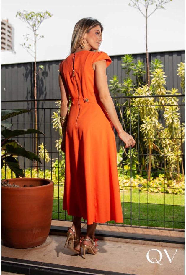 VESTIDO GODÊ EM CREPE LARANJA ESCURO - LUZIA FAZZOLLI