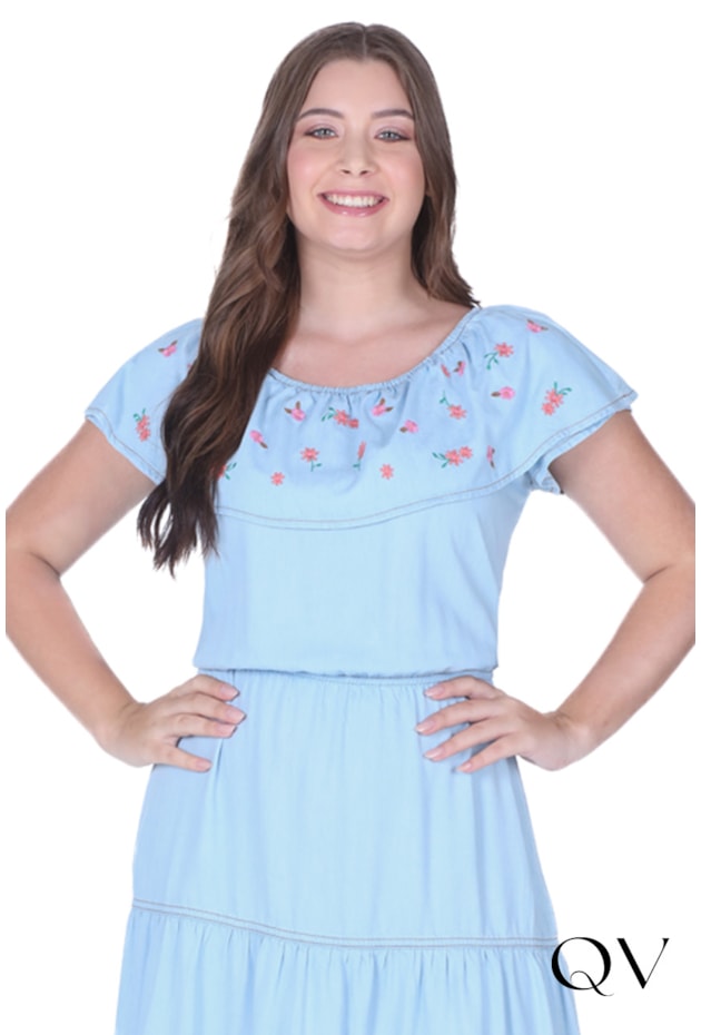 VESTIDO GODÊ EM JEANS BORDADO - HAPUK