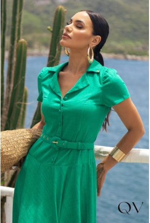 VESTIDO GODÊ EM LINHÃO VERDE - JANY PIM