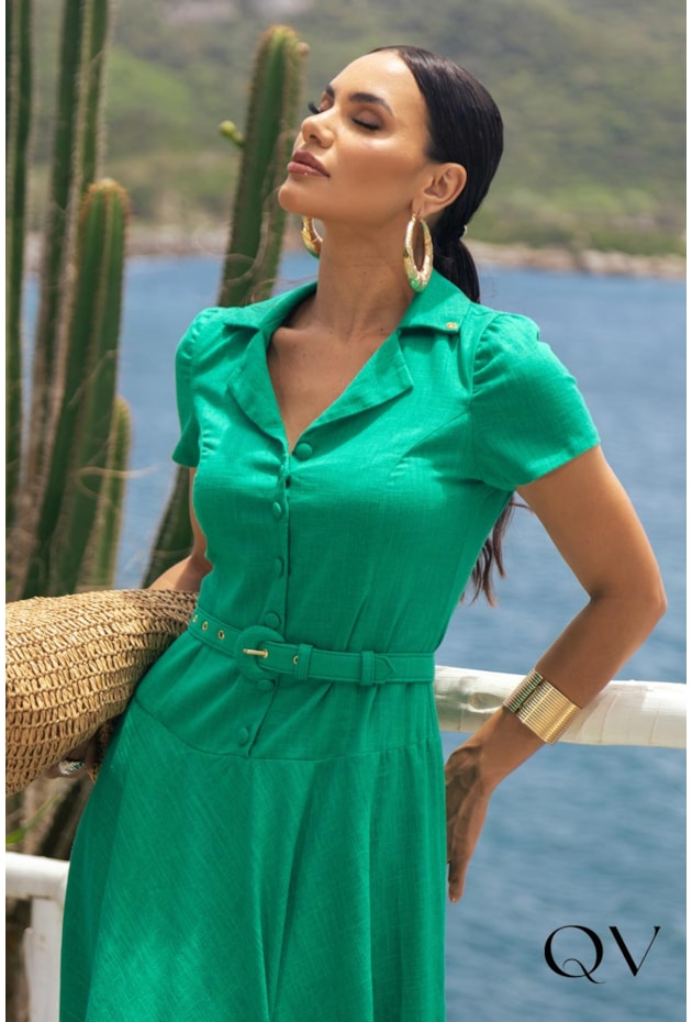 VESTIDO GODÊ EM LINHÃO VERDE - JANY PIM