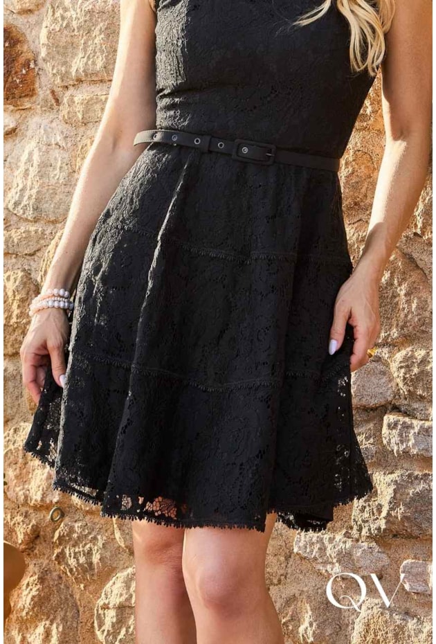 VESTIDO GODÊ EM RENDA BORDADO PRETO - LUZIA FAZZOLLI